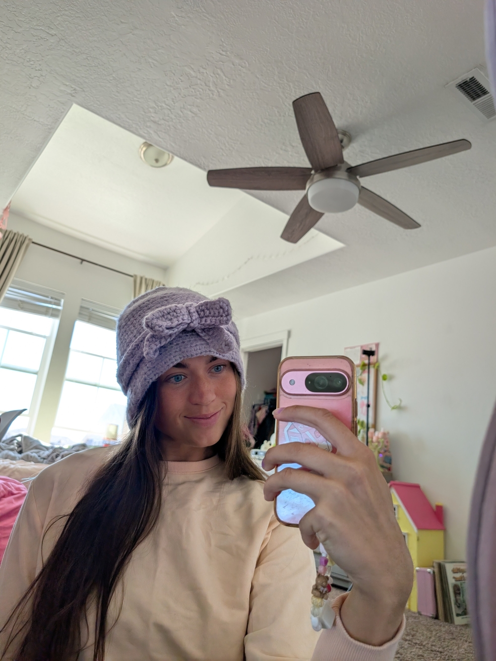Knitted Bow Beanie Hat - Lavender Purple